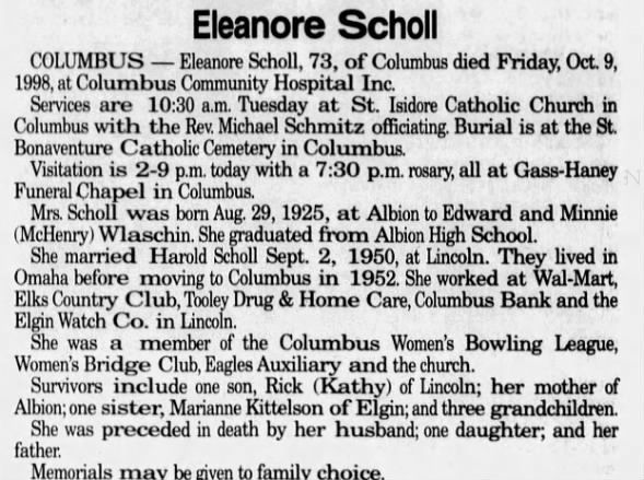 Obituary for Eleanore Scholl, 1925-1998 (Aged 73)